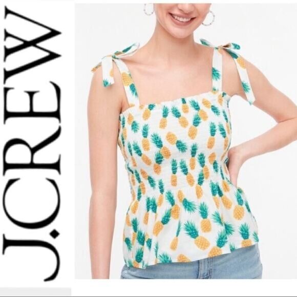 J.crew pineapple Smocked tie-shoulder tank top size small NWT - Picture 1 of 12